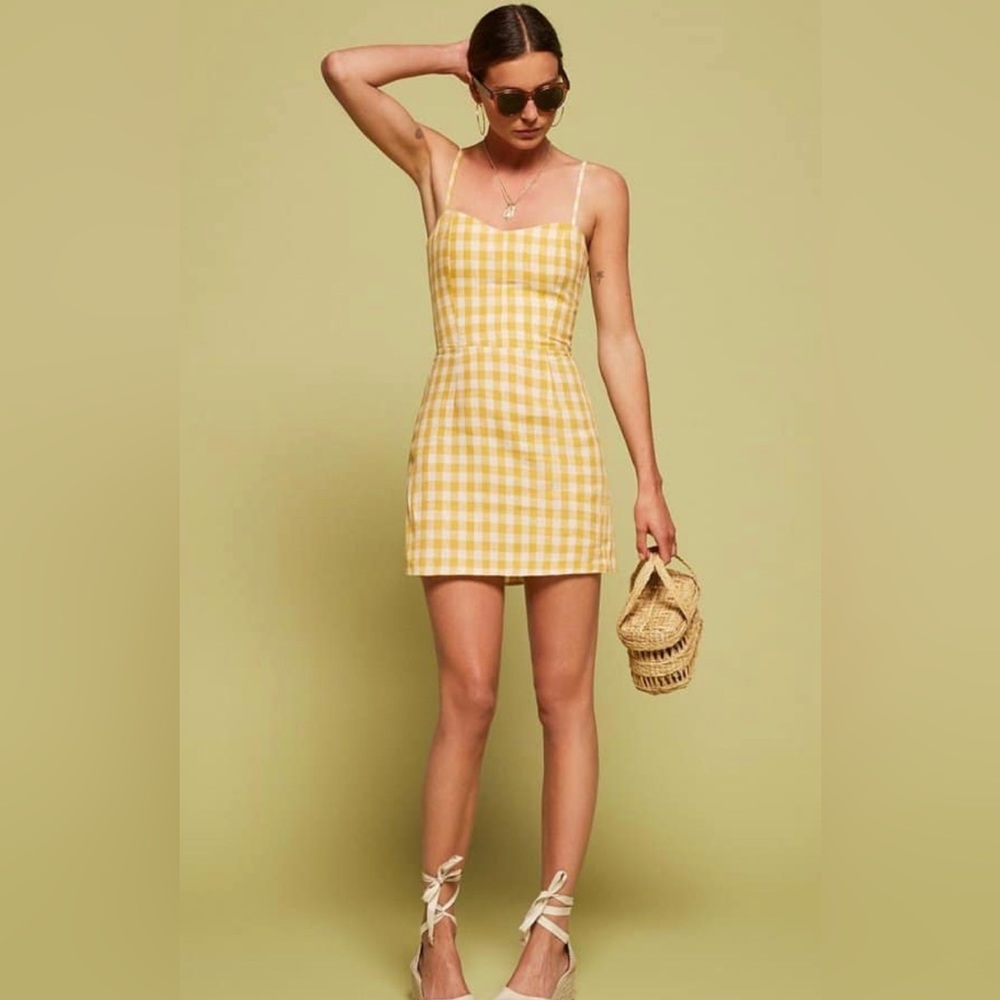 Reformation Audrey dress in Zest/Gingham.
